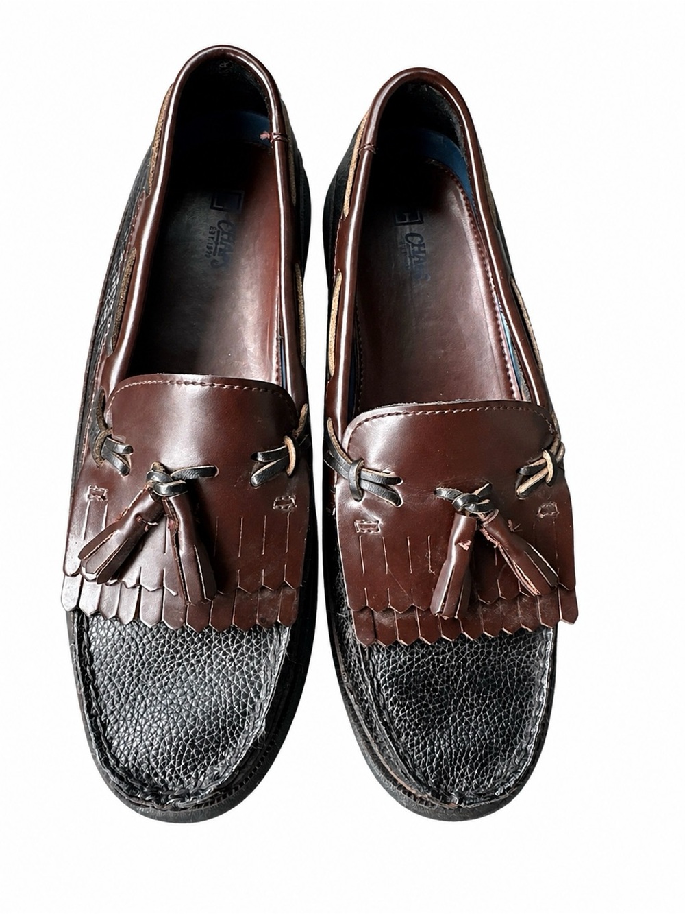 Chaps Mens 11M Tassel Loafers Brown Black Leather Kiltie Slip On Dress Casual - Picture 2 of 6